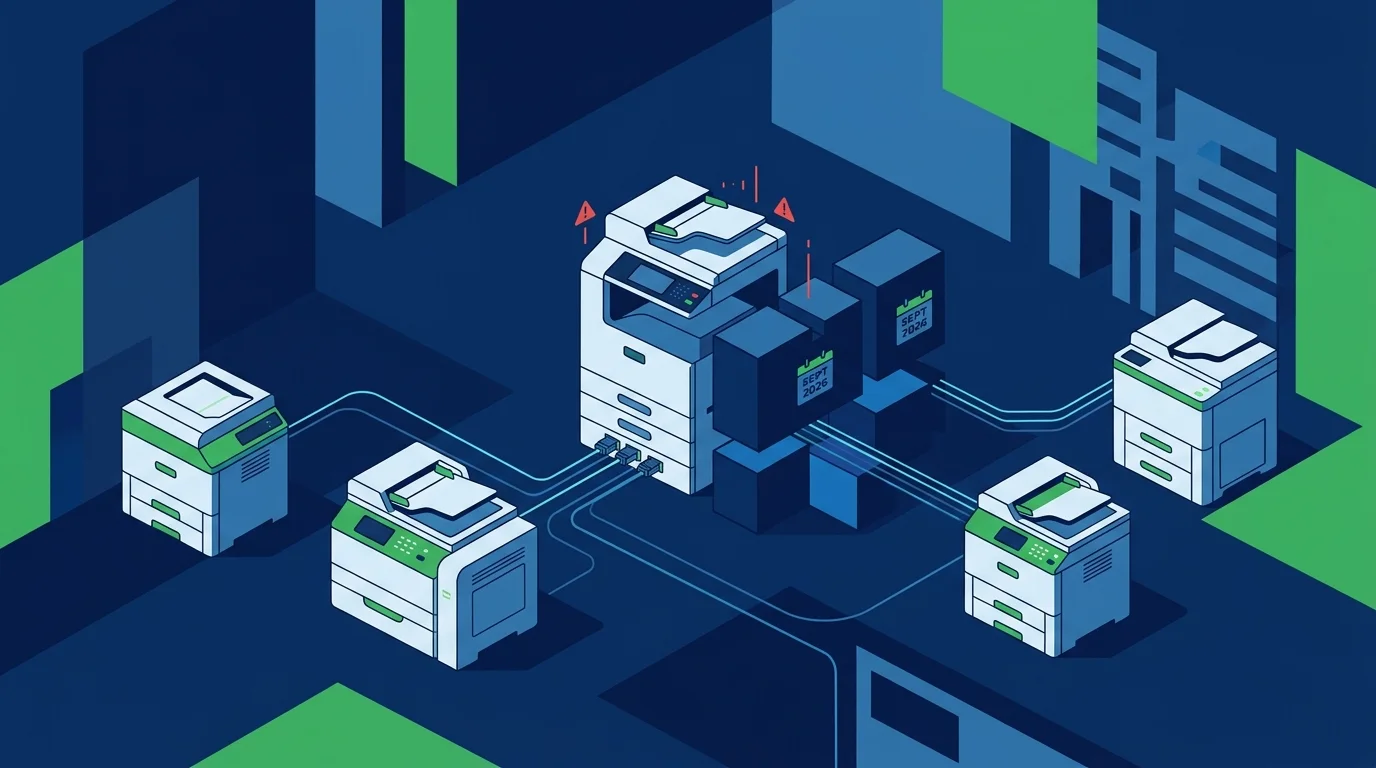 Stampante di rete aziendale e monitor di gestione server.