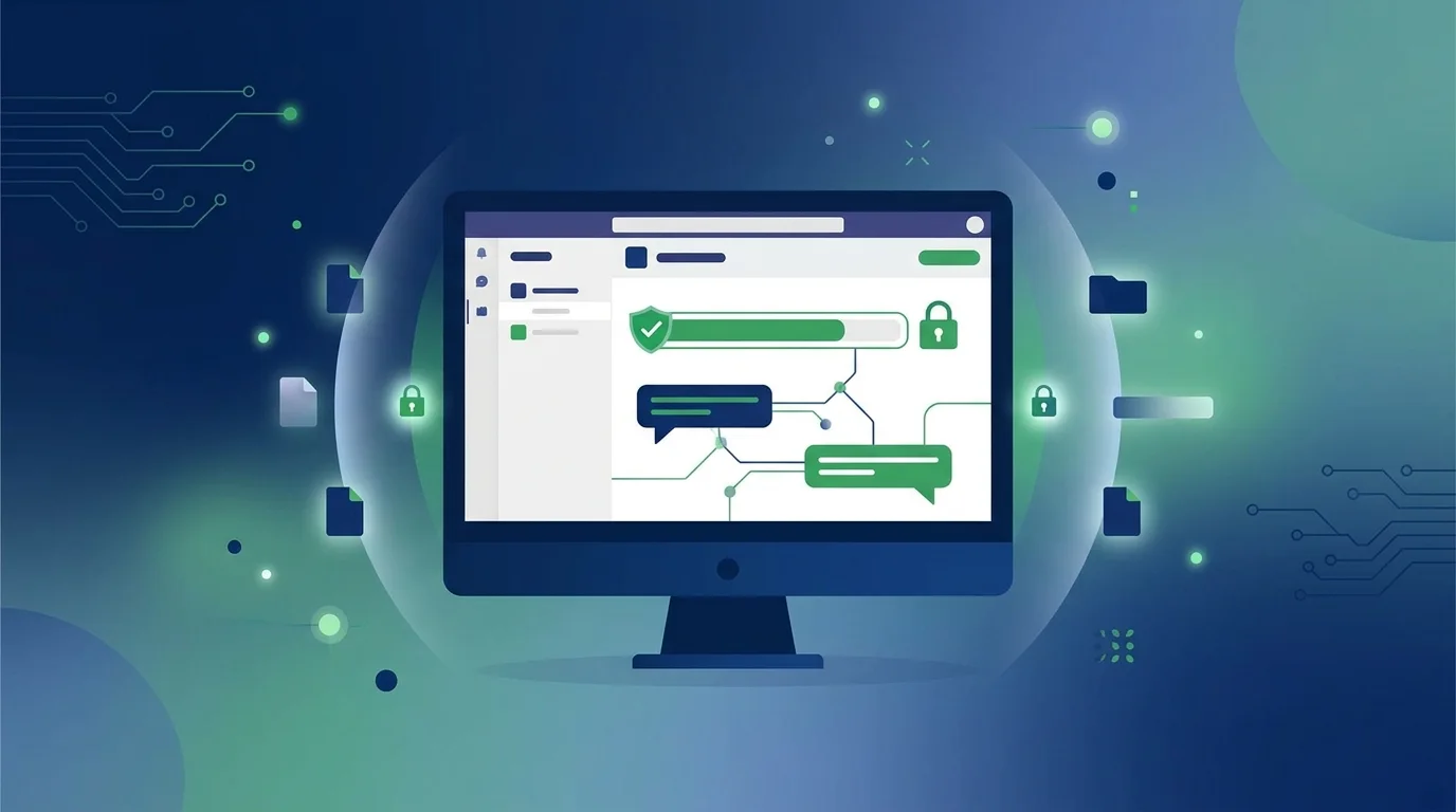 Schermo di un computer con un'interfaccia di chat aziendale e un avviso di sicurezza.
