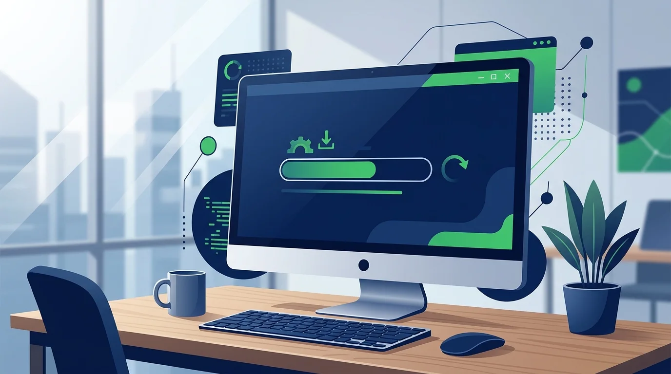 Schermata di aggiornamento software su un monitor da ufficio