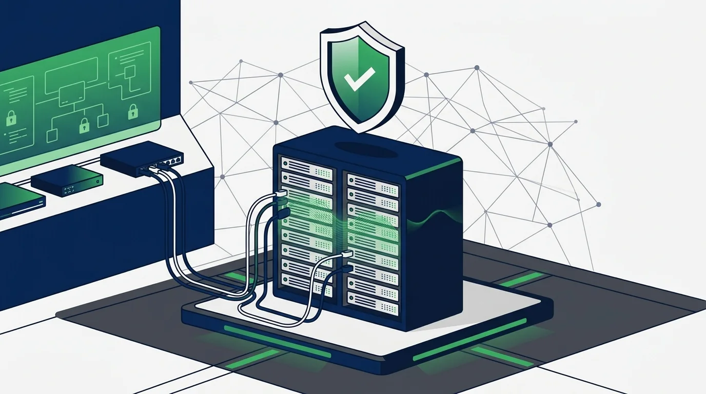 Un armadio rack di server di rete con cavi e luci di stato, simbolo di infrastrutture informatiche aziendali.
