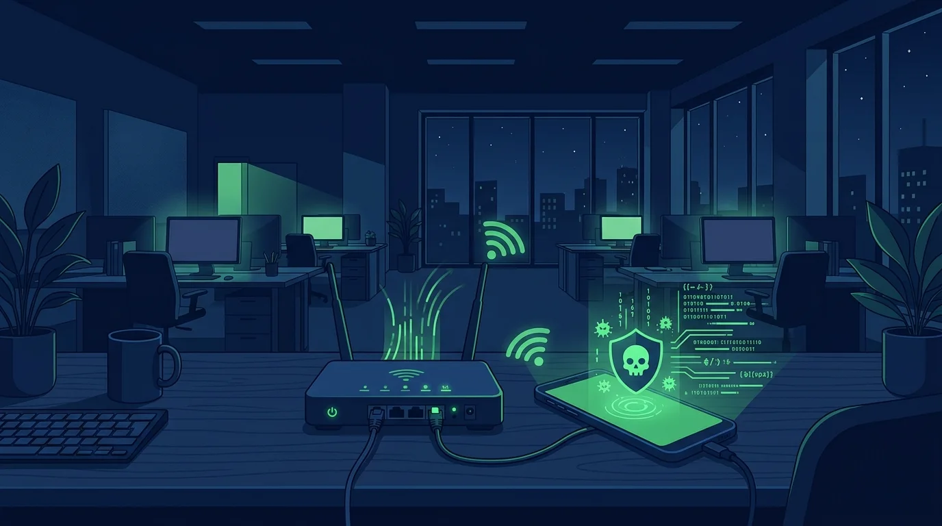 Smartphone appoggiato vicino a un router di rete aziendale