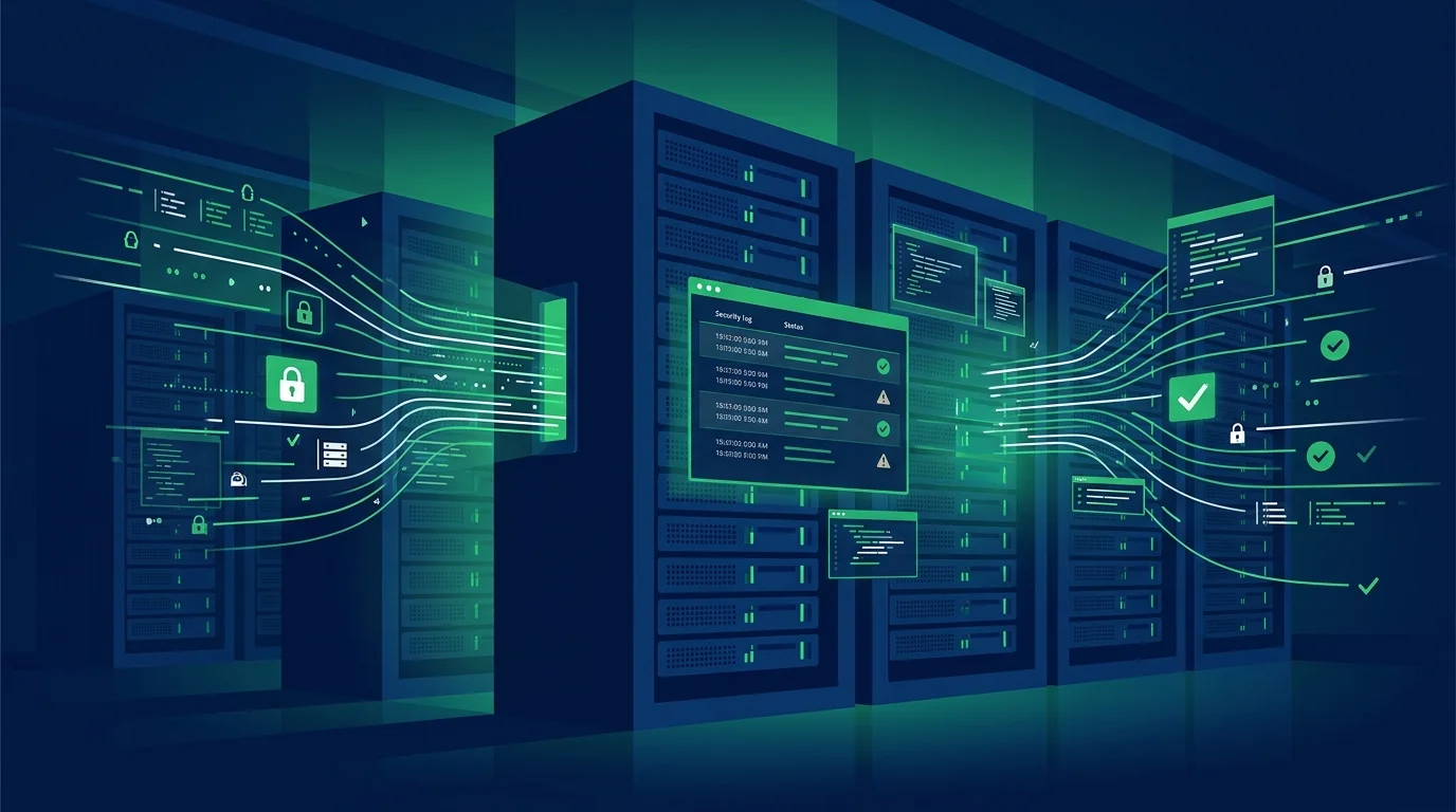 Schermo di un computer che mostra log di sistema e codici di sicurezza in una sala server aziendale.