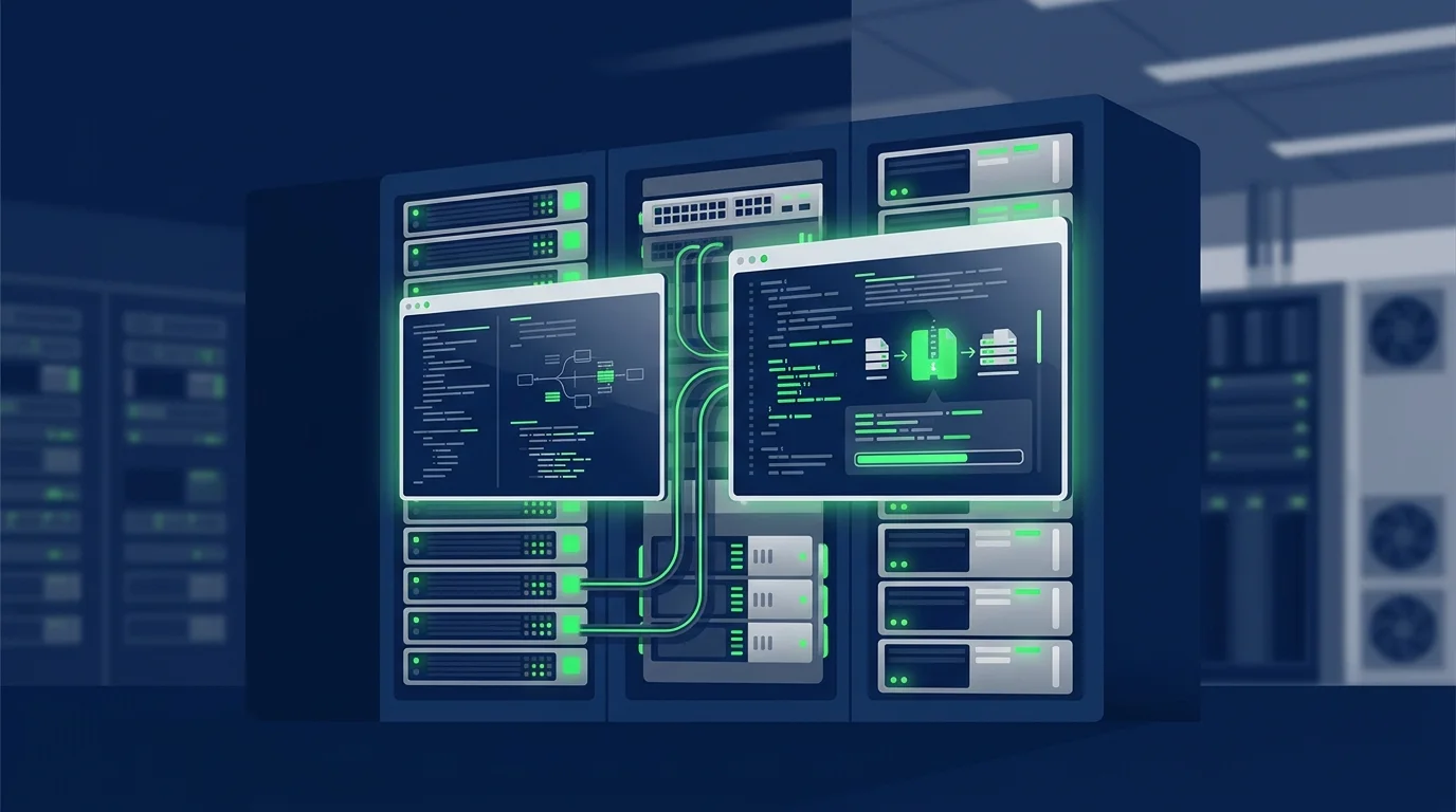 Schermo con codice di programmazione davanti a un server aziendale.