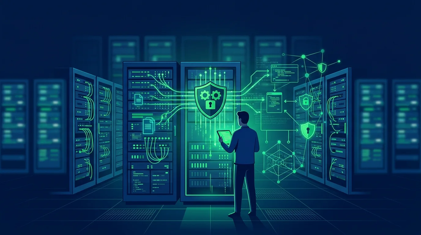 Schermata di aggiornamento software su un monitor in una sala server aziendale