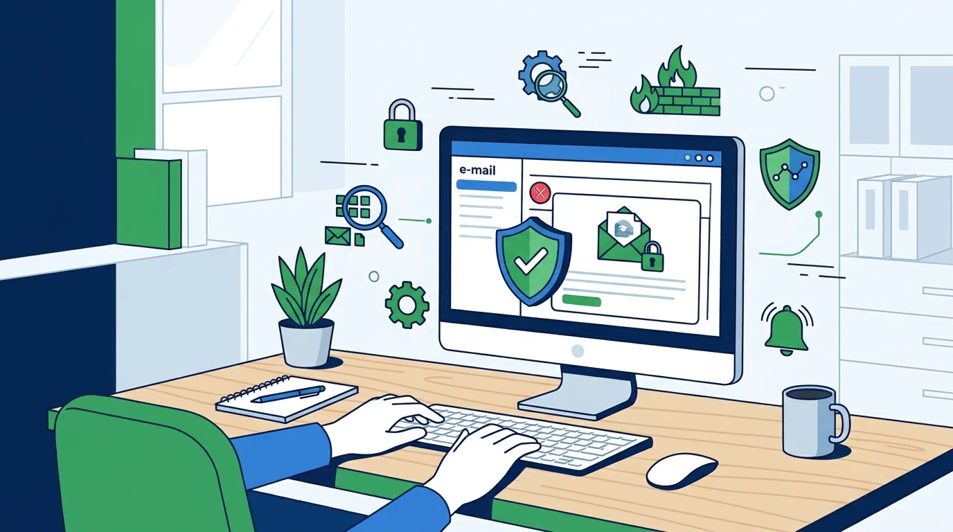 Schermo di un computer con un'email sospetta in evidenza sulla scrivania di un ufficio.
